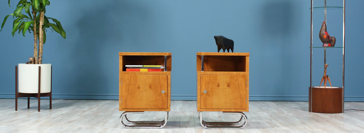 Bauhaus Style Chrome & Burlwood Night Stands