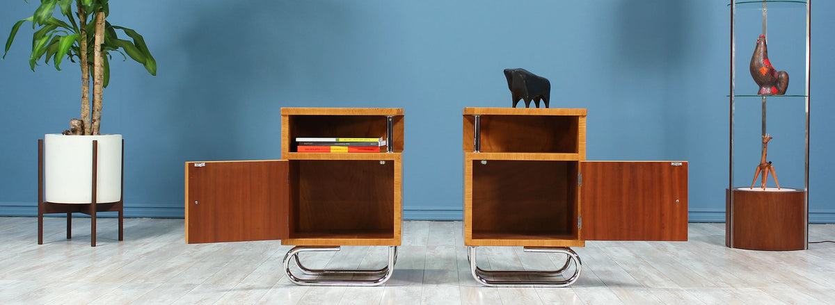 Bauhaus Style Chrome & Burlwood Night Stands