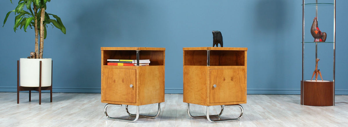 Bauhaus Style Chrome & Burlwood Night Stands