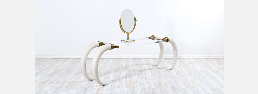 1970s Modernist Faux Elephant Tusk Brass & Lucite Console Table