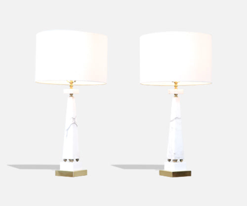 Mid-Century Italian Marble & Brass Pyramid Style Table Lamps