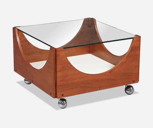 H.W. Klein Rolling Teak Coffee Table w/ Floating Glass Top for Bramin