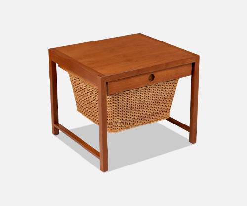 Danish Modern Teak Sewing Side Table with Wicker Basket