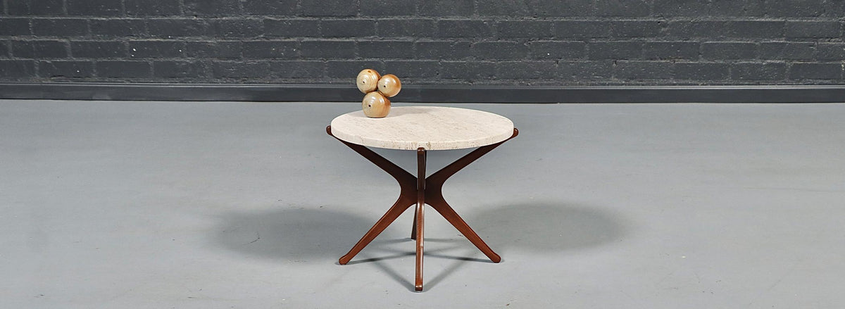 Italian Mid Century Sculpted Wood & Travertine Side Table