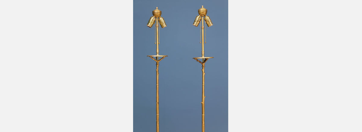 Pair of Mid-Century Faux Bamboo Brass Floor Lamps