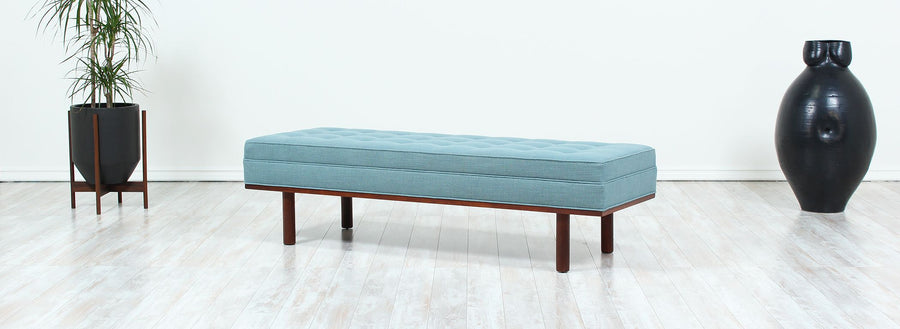 Mid-Century Tufted Bench with Accent Walnut Base