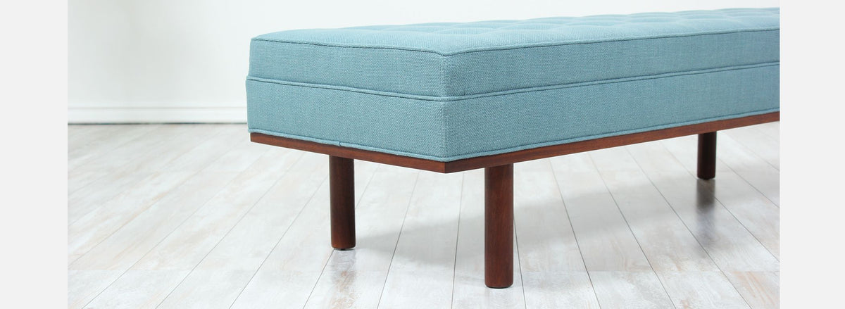 Mid-Century Tufted Bench with Accent Walnut Base