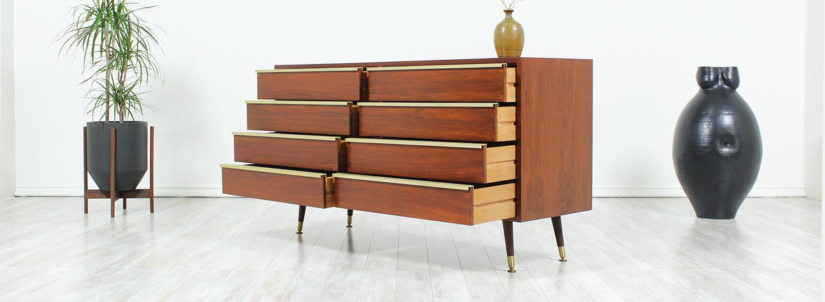 John Keal Walnut & Brass Dresser for Brown Saltman