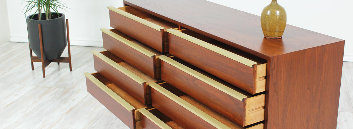 John Keal Walnut & Brass Dresser for Brown Saltman