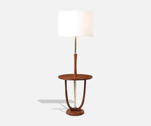 Mid-Century Modern Brass & Sculpted Walnut Floor Lamp with Side Table 
