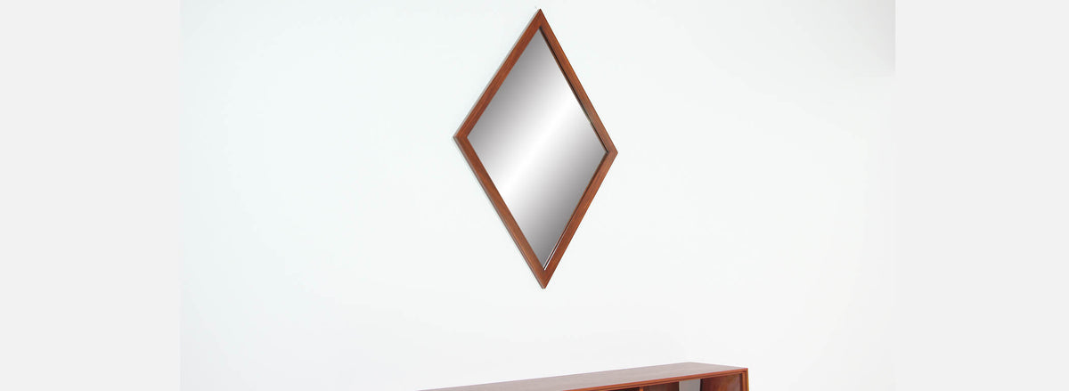 Mid-Century Diamond Shape Walnut Mirror