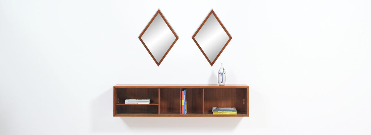 Mid-Century Diamond Shape Walnut Mirror