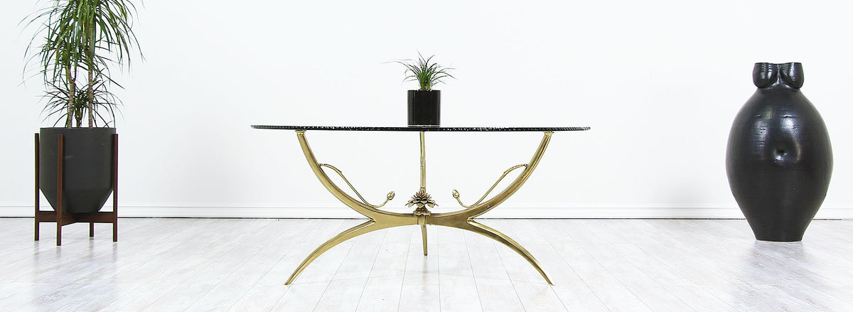 Mid-Century Brass Lotus Flower & Glass Top Coffee Table