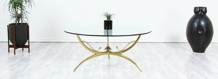 Mid-Century Brass Lotus Flower & Glass Top Coffee Table