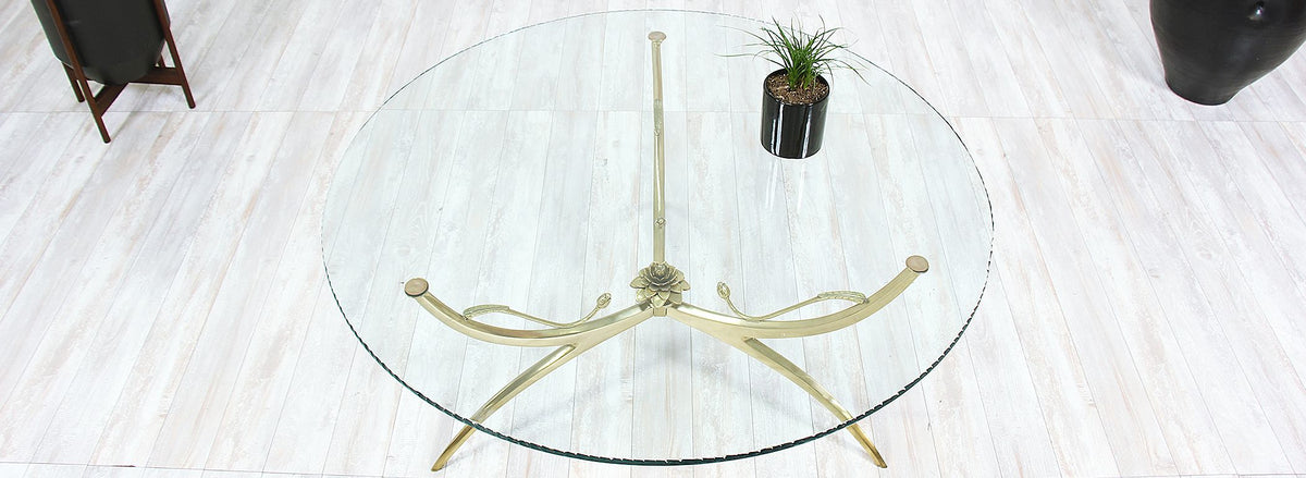 Mid-Century Brass Lotus Flower & Glass Top Coffee Table
