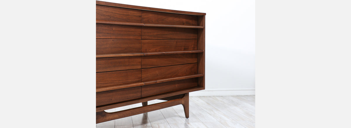 Mid-Century Modern Curved-Front Walnut Dresser by United Furniture