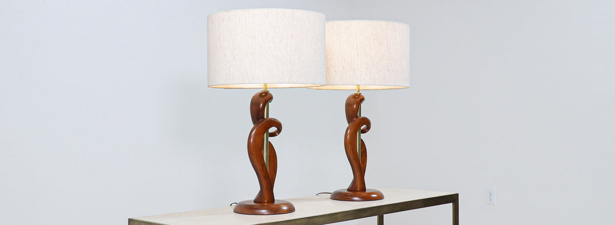 Mid-Century Modern Sculpted Wood & Brass Table Lamps by Light House Co.