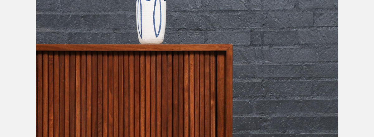 California Modern Walnut Tambour-Door Credenza by Barzilay