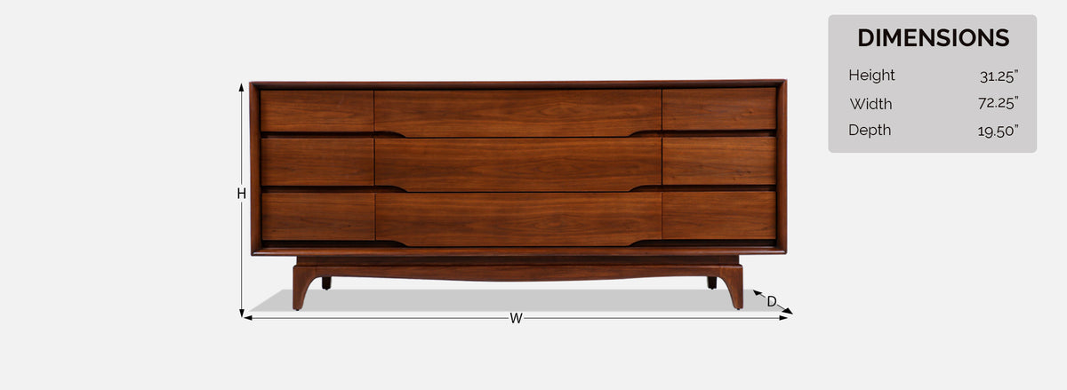 Mid-Century Modern 9-Drawer Sculpted Walnut Dresser 