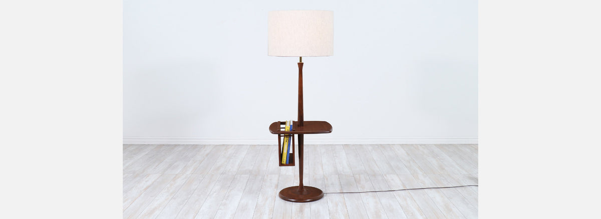 Mid-Century Modern Sculpted Walnut Floor Lamp with Magazine Tray by Laurel
