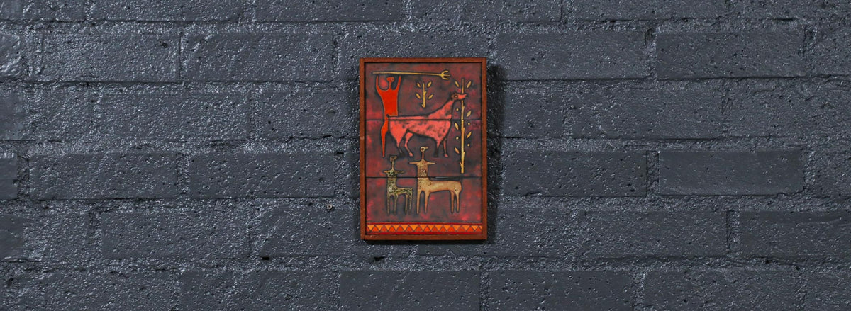Mid-Century Studio Ceramic Plaque w/ Primitivist Animal & Hunting Motifs