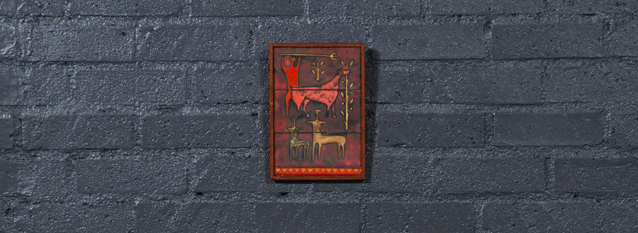 Mid-Century Studio Ceramic Plaque w/ Primitivist Animal & Hunting Motifs
