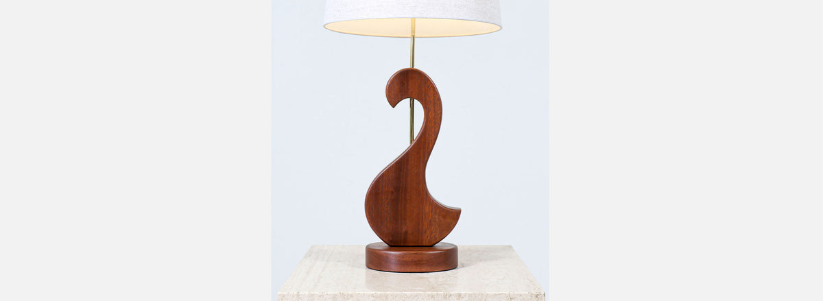Mid-Century Modern Sculpted Walnut Swan Style Table Lamp