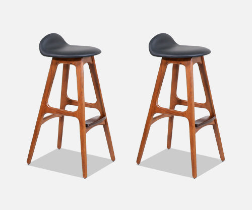 Danish Modern Sculpted Teak & Leather Bar Stools by Erik Buch 