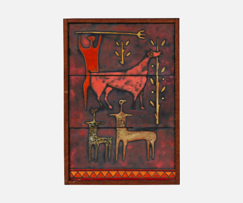 Mid-Century Studio Ceramic Plaque w/ Primitivist Animal & Hunting Motifs