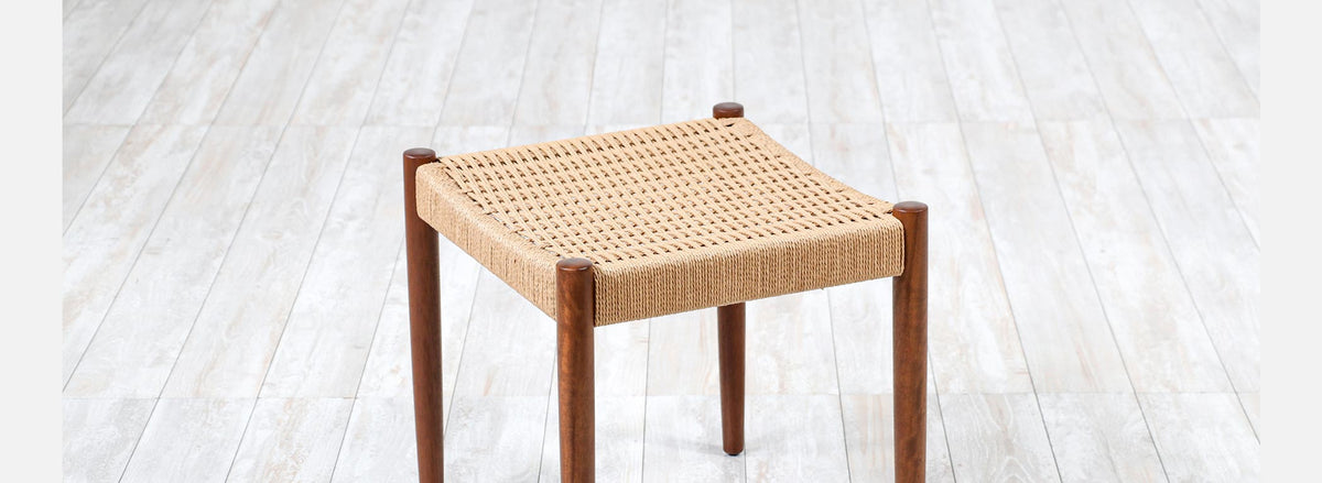 Danish Modern African Teak & Rush Chord Stool or Ottoman