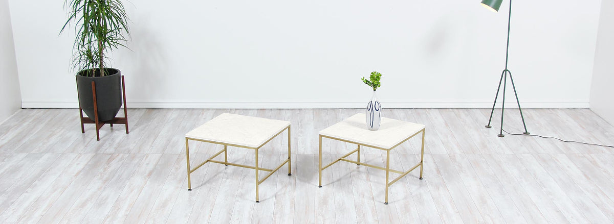 Paul McCobb "Irwin Collection" Carrara Marble & Brass Side Tables for Calvin Furniture