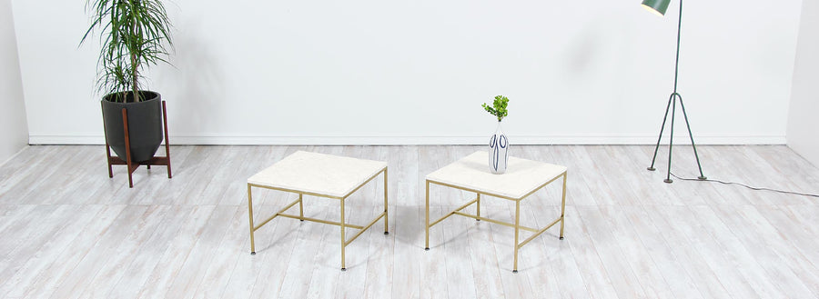Paul McCobb "Irwin Collection" Carrara Marble & Brass Side Tables for Calvin Furniture
