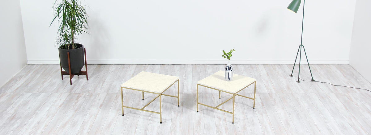 Paul McCobb "Irwin Collection" Carrara Marble & Brass Side Tables for Calvin Furniture