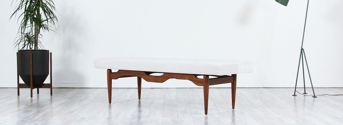 Mid-Century Modern Tufted Bench with Sculptural Base
