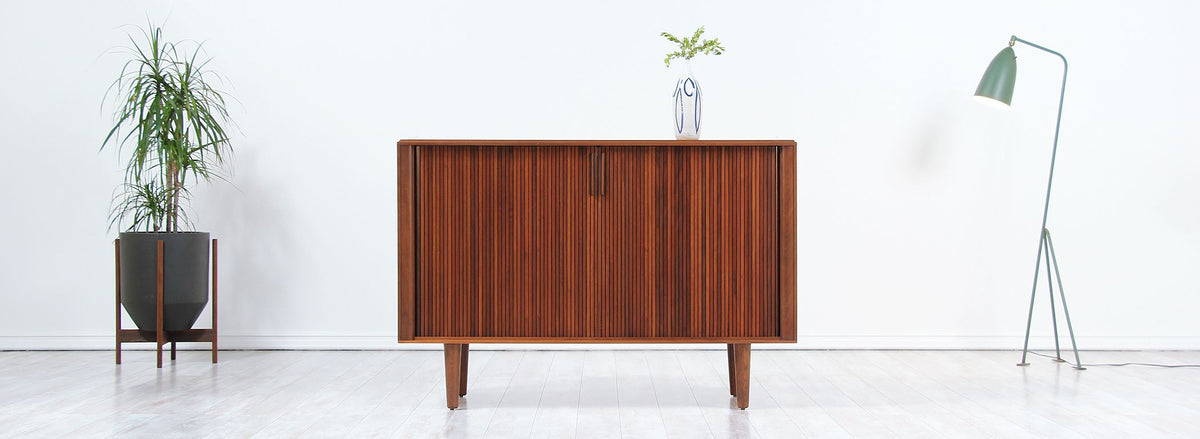 Mid-Century Modern Tambour-Door Walnut Credenza by Barzilay 2