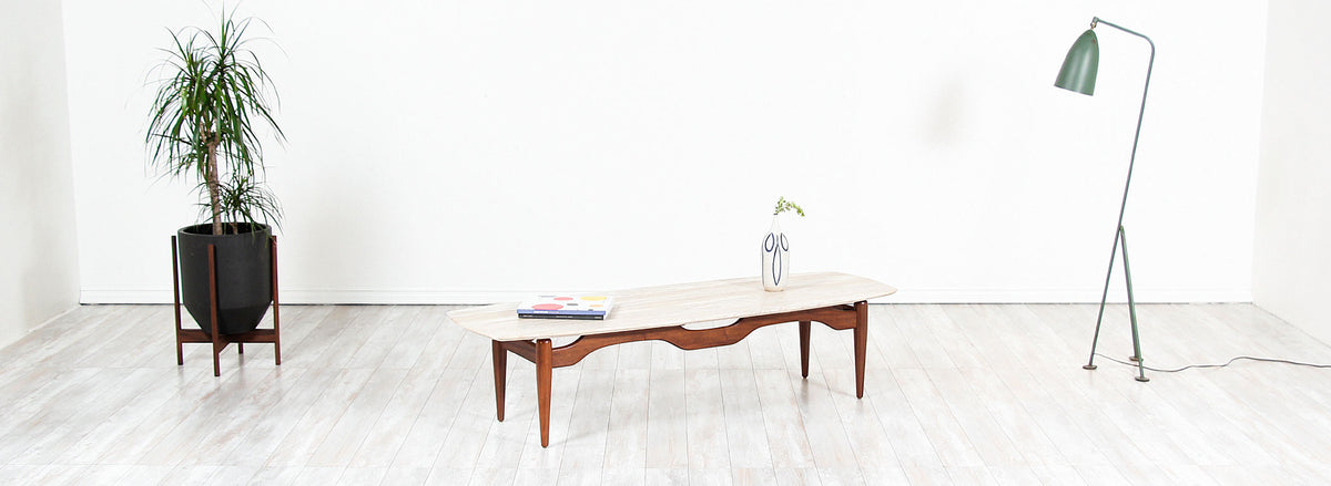 Mid-Century Floating-Top Surfboard Coffee Table with Travertine Top