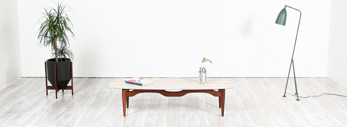 Mid-Century Floating-Top Surfboard Coffee Table with Travertine Top