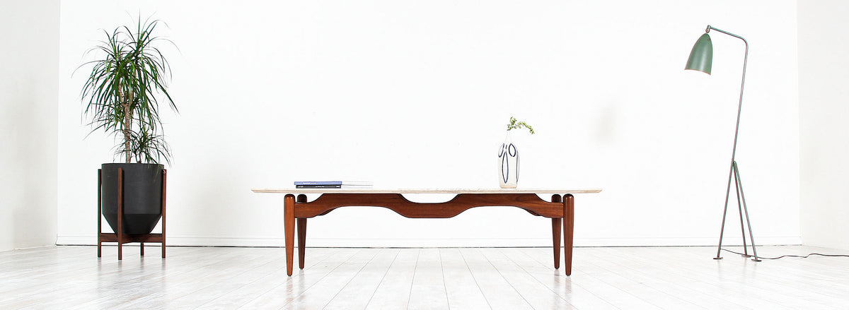 Mid-Century Floating-Top Surfboard Coffee Table with Travertine Top