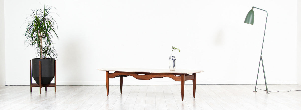 Mid-Century Floating-Top Surfboard Coffee Table with Travertine Top