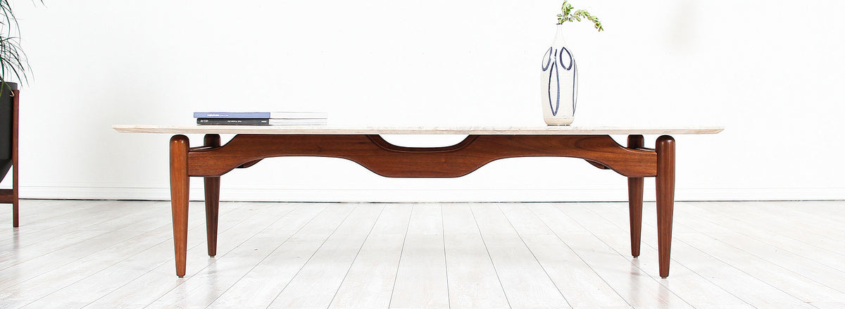 Mid-Century Floating-Top Surfboard Coffee Table with Travertine Top
