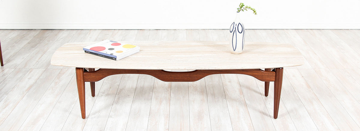 Mid-Century Floating-Top Surfboard Coffee Table with Travertine Top