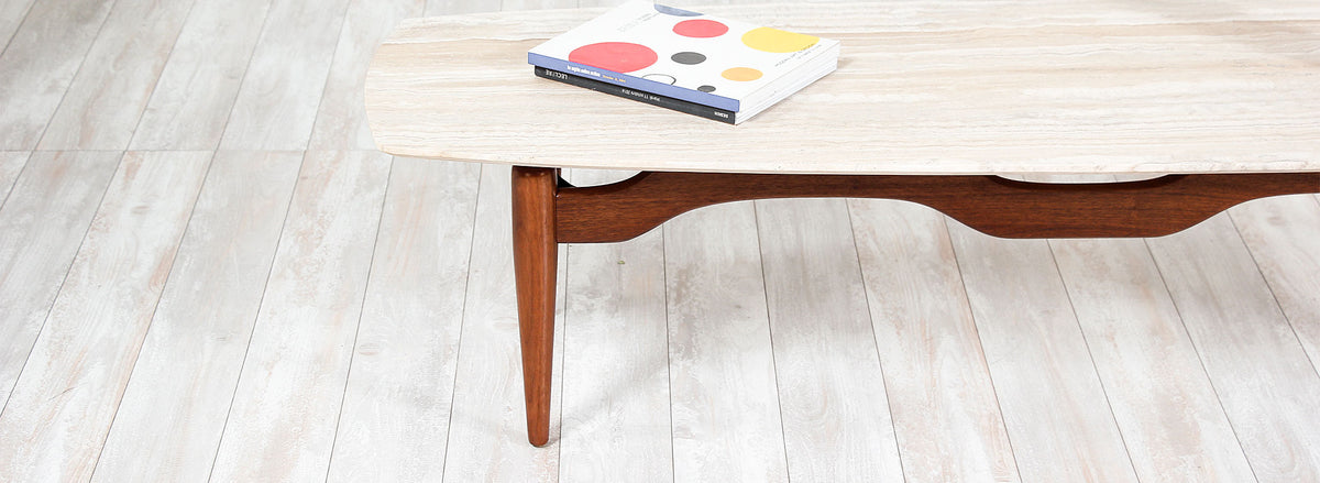 Mid-Century Floating-Top Surfboard Coffee Table with Travertine Top