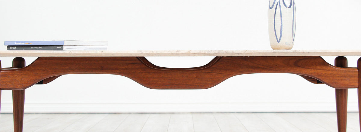 Mid-Century Floating-Top Surfboard Coffee Table with Travertine Top