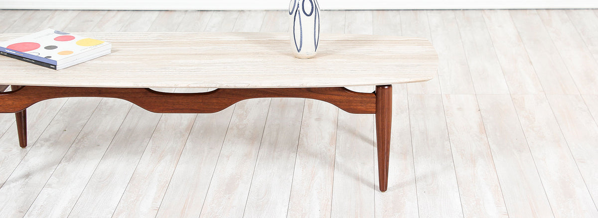 Mid-Century Floating-Top Surfboard Coffee Table with Travertine Top