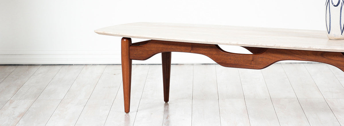 Mid-Century Floating-Top Surfboard Coffee Table with Travertine Top