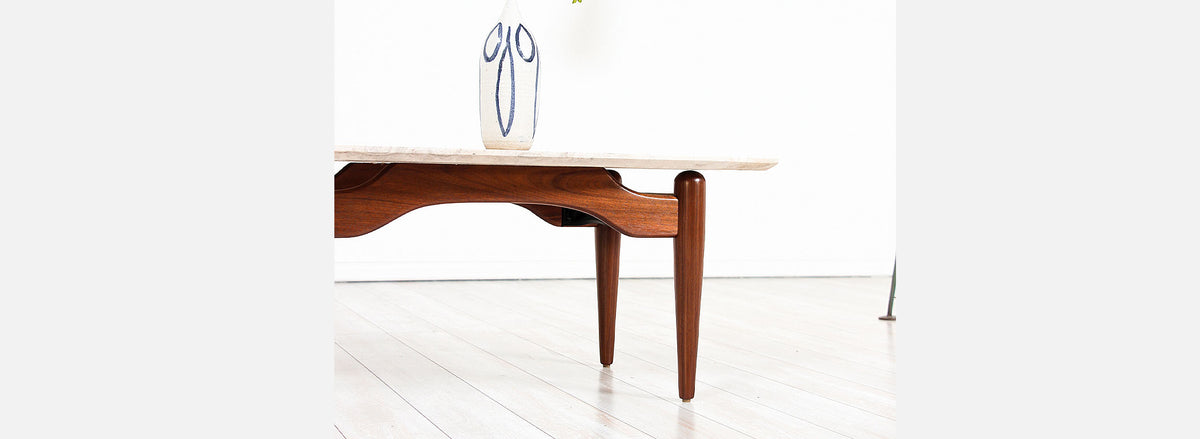 Mid-Century Floating-Top Surfboard Coffee Table with Travertine Top