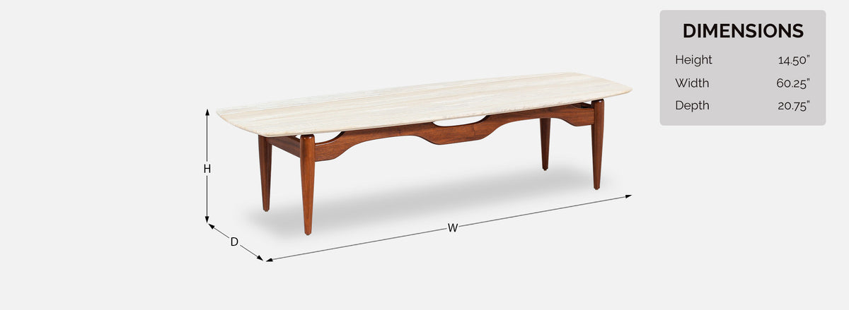 Mid-Century Floating-Top Surfboard Coffee Table with Travertine Top