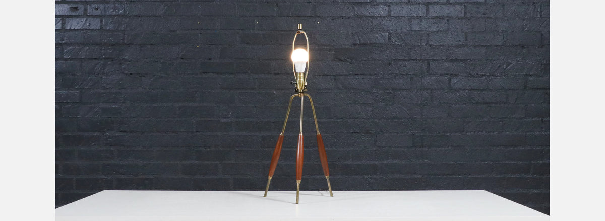Mid-Century Modern Tripod Brass & Walnut Table Lamp