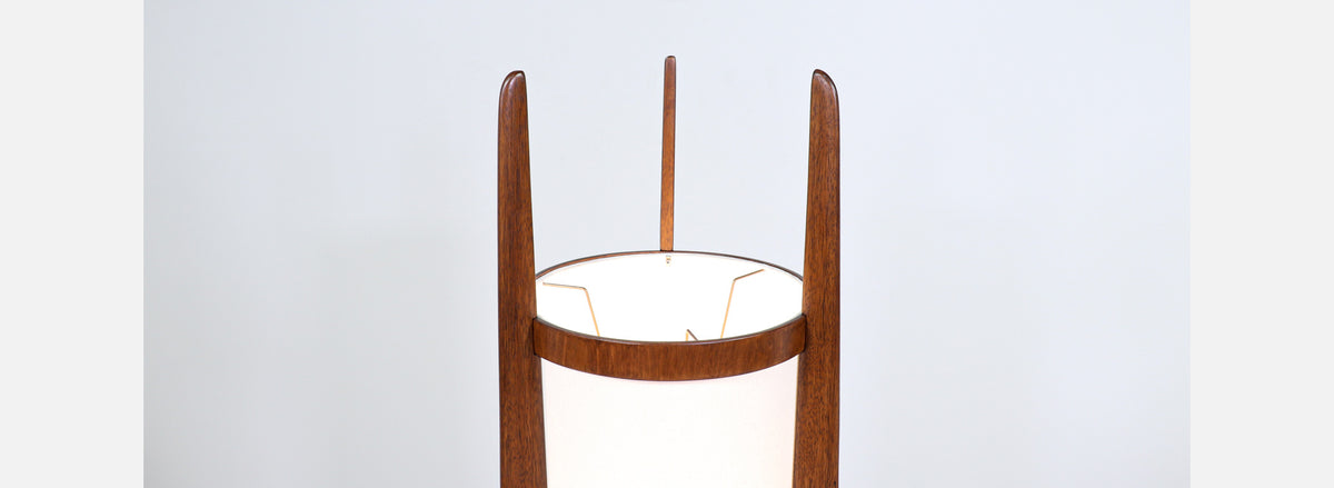 California Modern Sculpted Walnut Floor Lamp with New Linen Shade by Modeline