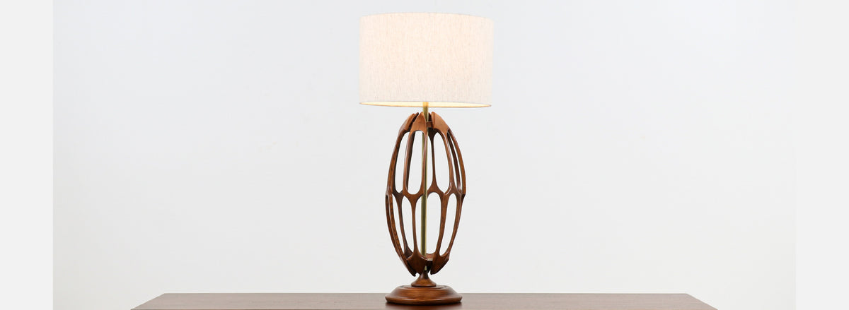 Mid-Century Modern Sculpted Walnut with Brass Accent Table Lamp